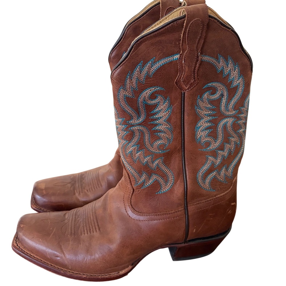 Nocona Boots Womens 11 B Brown Leather Turquoise Embroidered Square Toe cowgirl